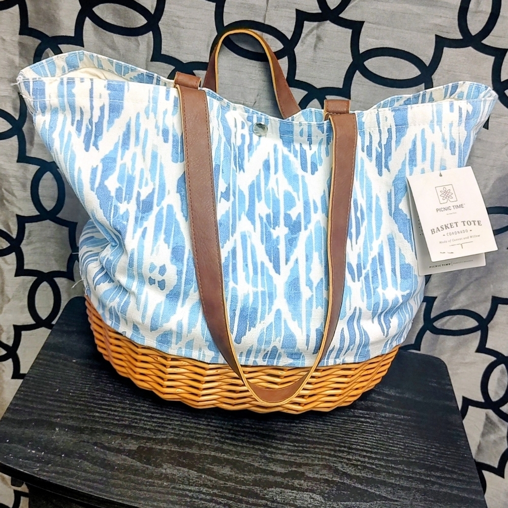 SOLD Picnic Time Basket Tote Blue Beach Canvas Willow Bag! - Picture 2 of 16